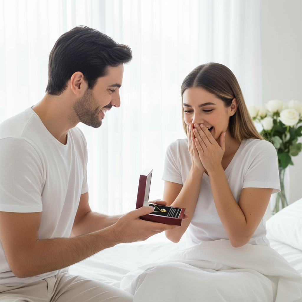 Couple romantic surprise with red jewelry box - de mi vida