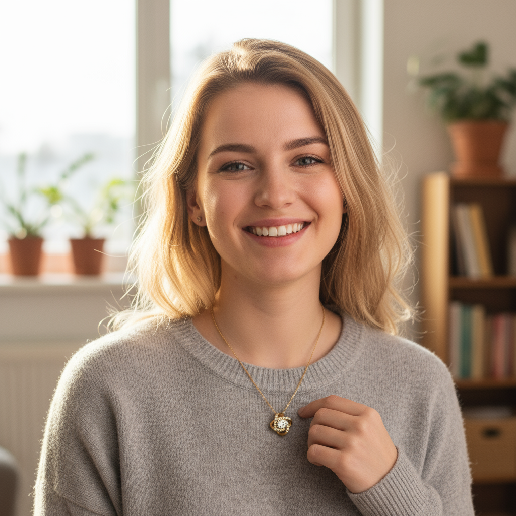 Customer wearing necklace