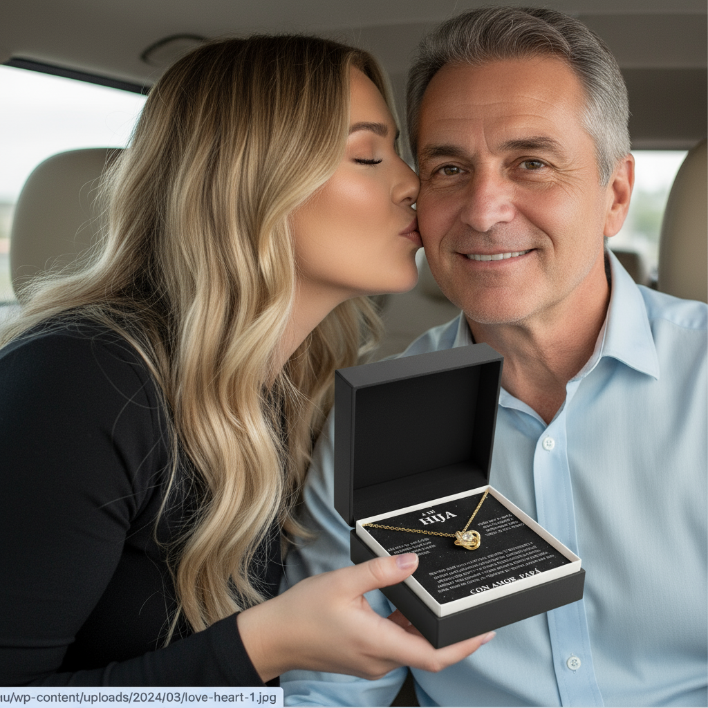 Daughter kissing father on cheek in car with jewelry box - a mi hija