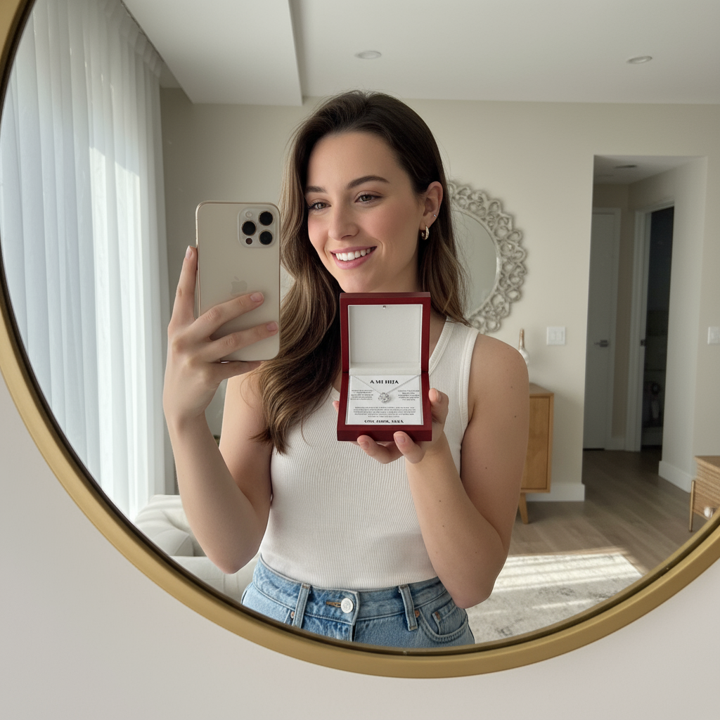 Woman taking mirror selfie with jewelry box